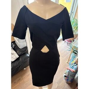 Black Off Shoulder Crisscross Cutout Bodycon Midi Dress‎ Short Sleeve Cocktail
